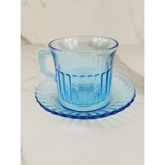 Fortecrisa Azure Ice Blue Glass Tea Cup Saucer 70's Interior Ribbed 5" Mexico x2 - Picture 5 of 13